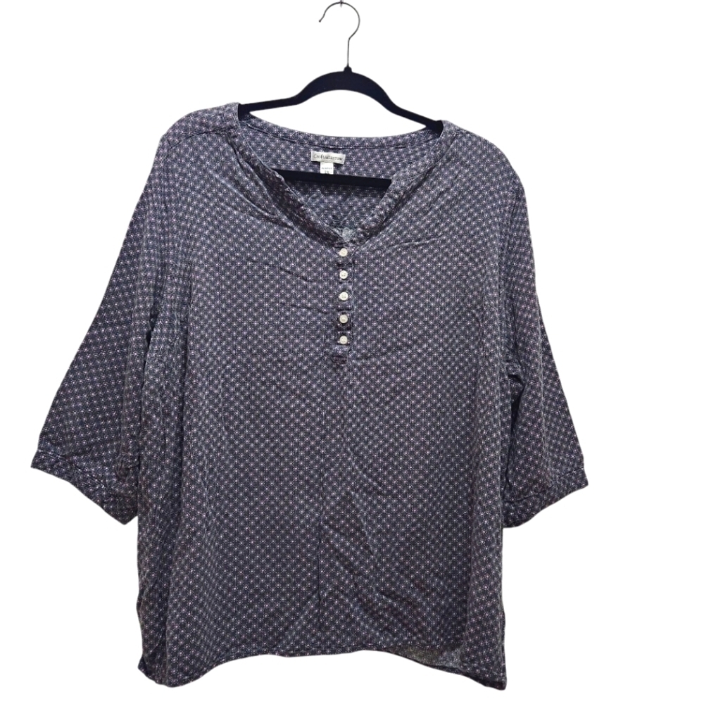 Croft & Barrow Women's Plus 2X Gray Pink Popover Top Bishop Cuffed 3/4 Sleeve